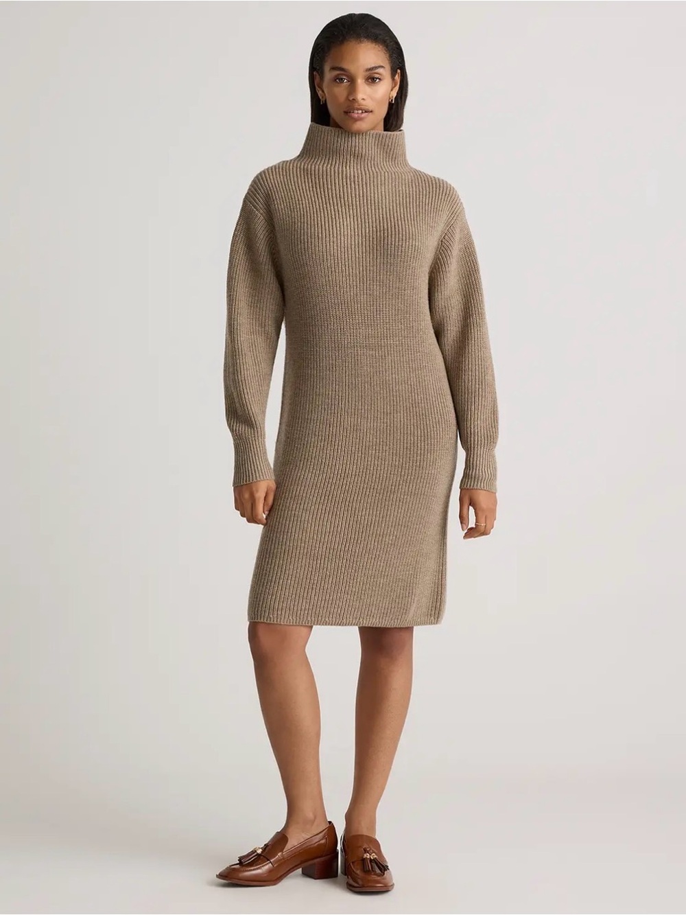 Quince Australian Merino Wool Relaxed Turtleneck Sweater Dress Beige Size XS